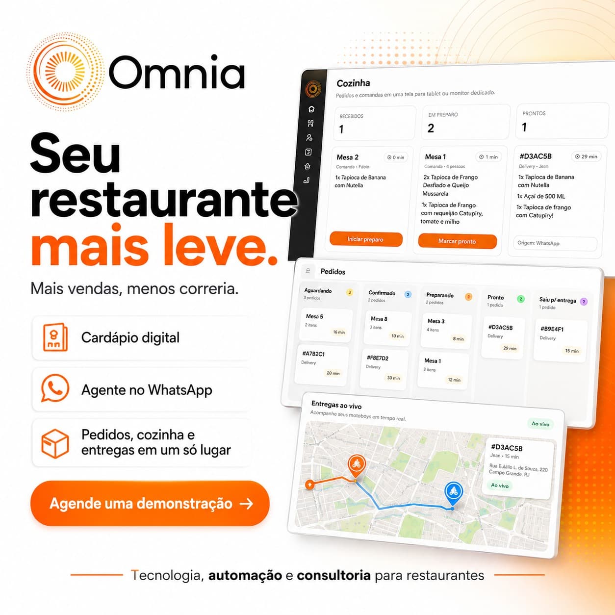 Omnia — painel do restaurante mostrando cozinha, pedidos e entregas em tempo real.