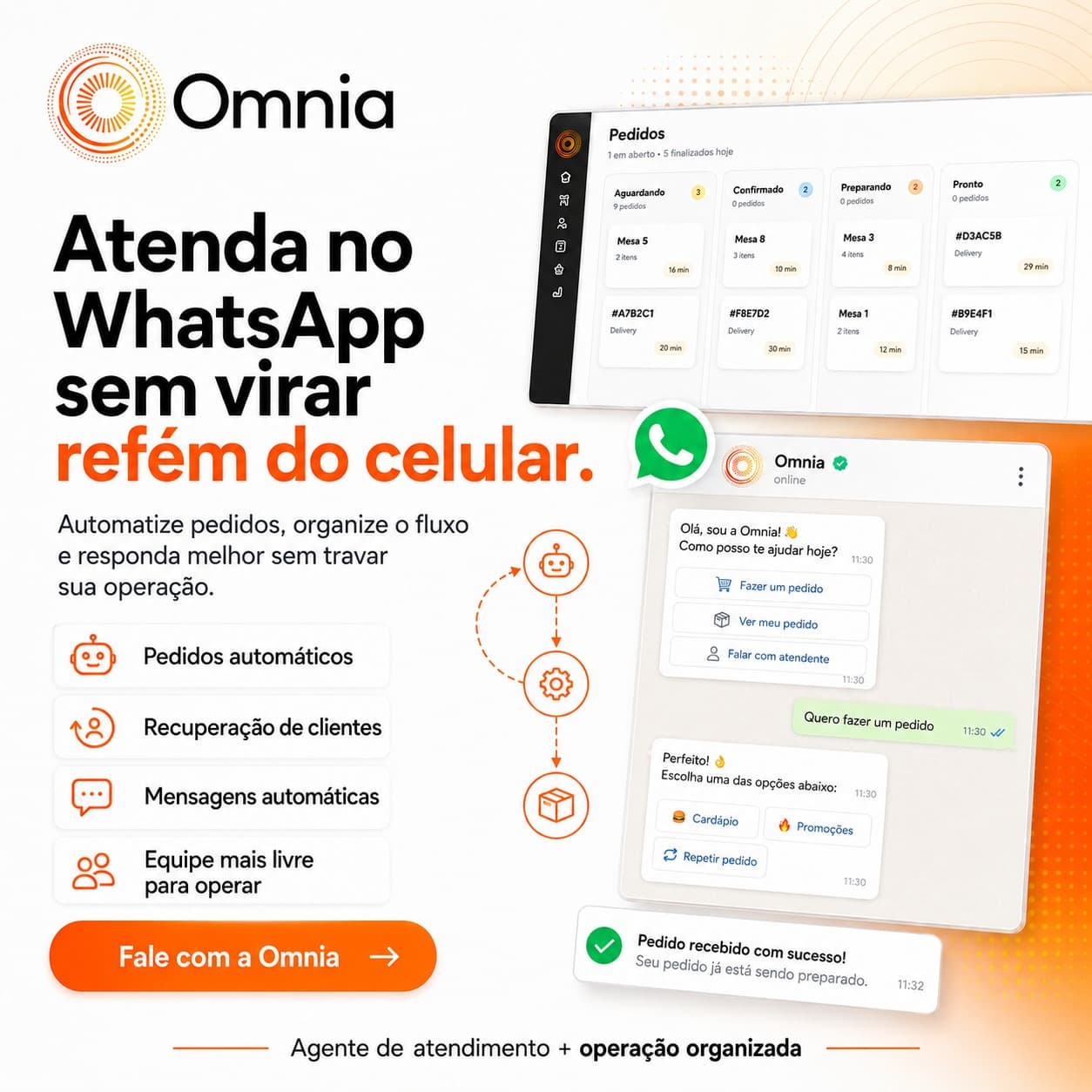 Conversa no WhatsApp com agente da Omnia recebendo pedido e devolvendo status.